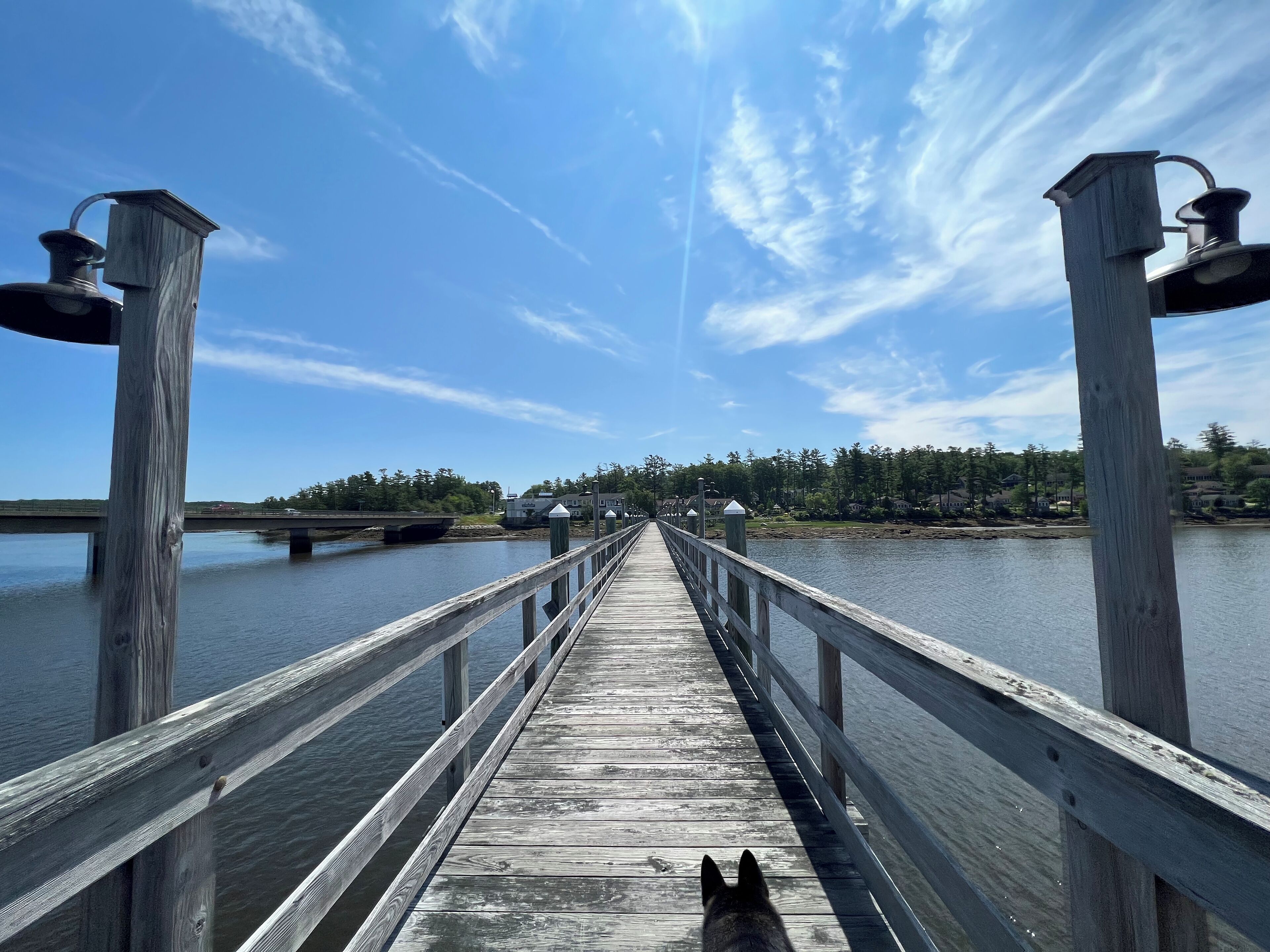 A wooden pier extending into a body of water with a clear sky above.