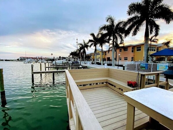 A wooden pier extending into calm water, lined with palm trees and a row of buildings in the background.