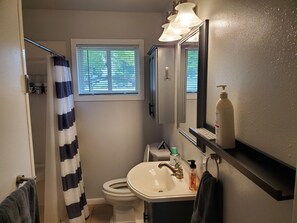 Combined shower/tub, hair dryer, towels, soap