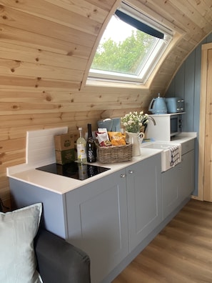 Fridge, microwave, stovetop, coffee/tea maker - Wild Luxury Bluebell Glamping Pod with Wood Fired Hot Tub in quiet rural setting (Plymouth)