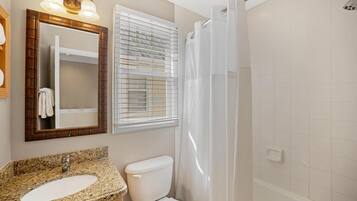 Combined shower/tub, hair dryer, towels, soap