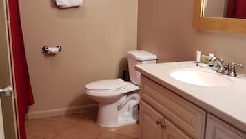 Ducha y bañera combinadas, secador de pelo, toallas y jabón