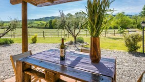 A wooden table with a bottle and glasses, a potted plant, and a view of a vineyard and hills. - Apartment Olea by Interhome (Guardistallo)