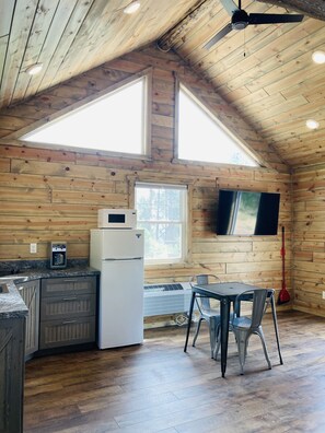 Fridge, microwave, stovetop, coffee/tea maker