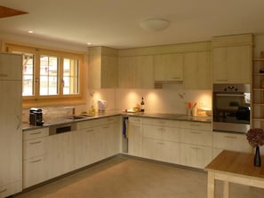 Fridge, dishwasher, cookware/dishes/utensils