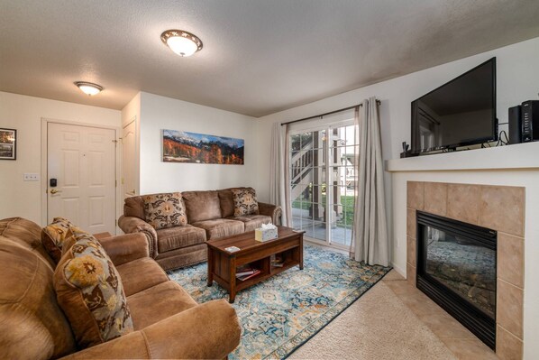 Smart TV, fireplace, DVD player, books