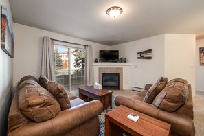 Smart TV, fireplace, books