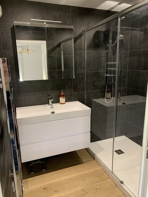 Dusche, Haartrockner, Handtücher, Seife