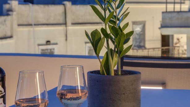 Una mesa con dos copas de vino y una planta en maceta, con vistas a un paisaje urbano que incluye edificios y una colina al fondo.