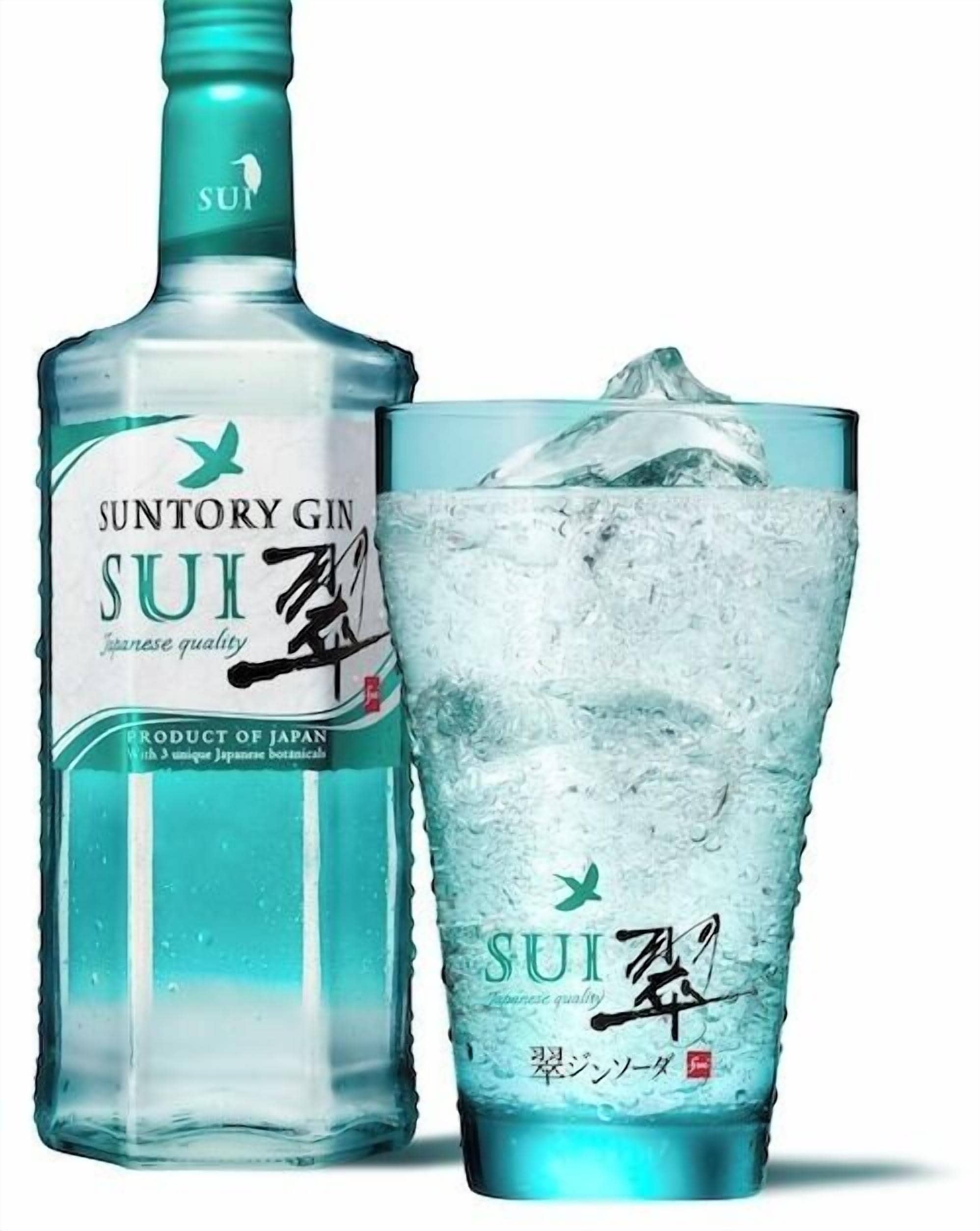 A bottle of Suntory Gin and a glass with ice.