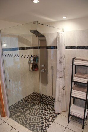 Dusche, Haartrockner, Handtücher, Seife
