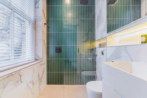 Shower, hair dryer, towels, soap