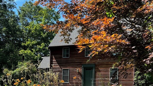 A rustic wooden house with a green door, surrounded by a lush garden with various plants and a large rock in the foreground. - Home in the woods - Big, Acreage, Nature Oasis, King Bed, Giant Windows (Monson)