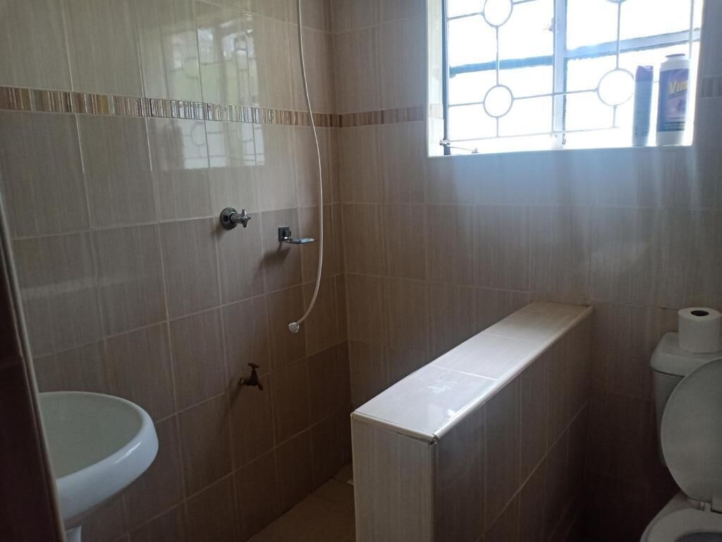 Een douche, handdoeken, zeep, toiletpapier