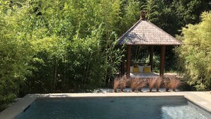 Une piscine avec un kiosque et des plantes.