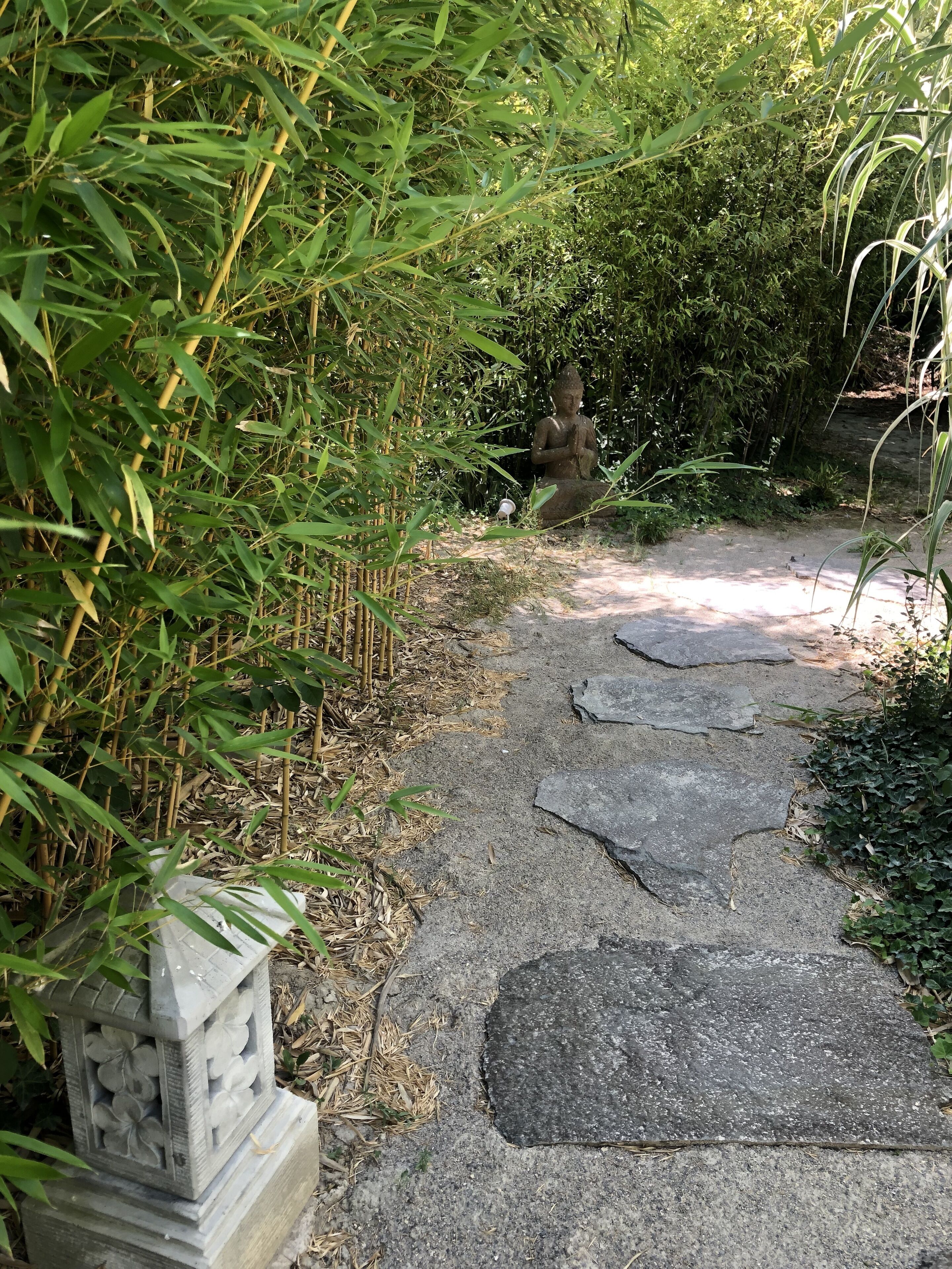 Ein steiniger Weg führt zu einer sitzenden Buddha-Statue, umgeben von dichtem Bambus und Grünpflanzen.