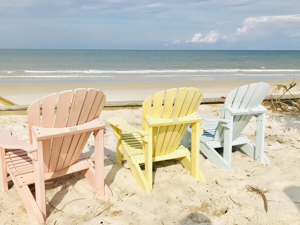 On the beach, sun loungers