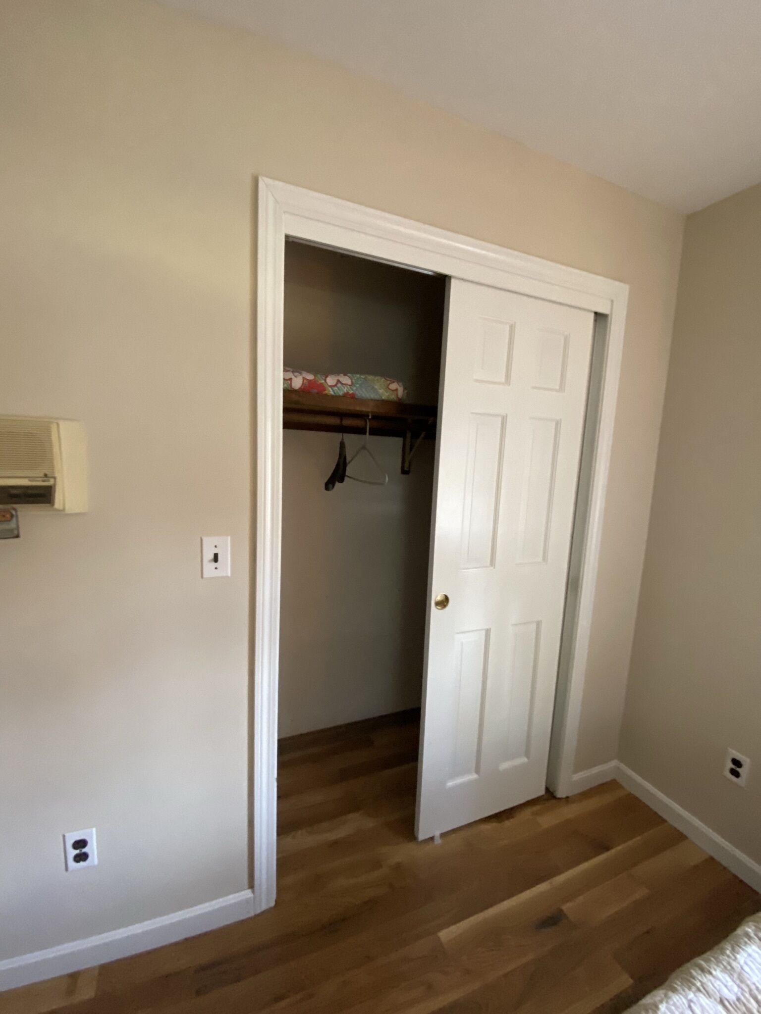 Una habitación con suelo de madera, una puerta blanca y un armario con perchero.