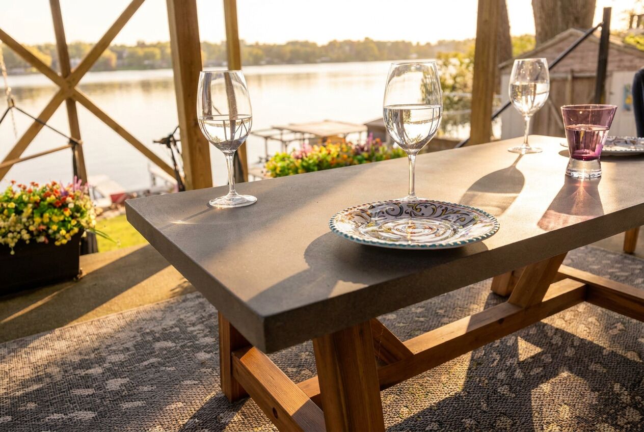 Uma mesa com um prato e três copos, com vista para a água.