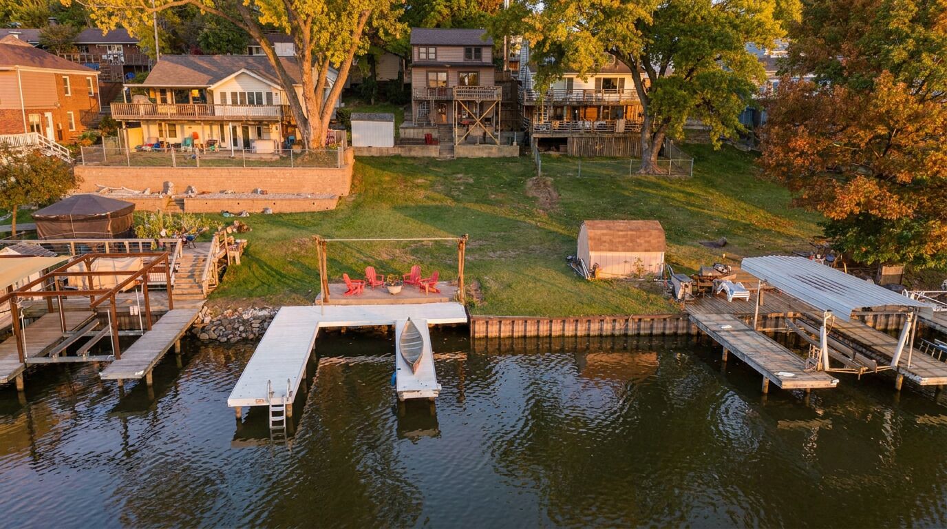 A waterfront property with docks, a grassy area, and residential buildings in the background.