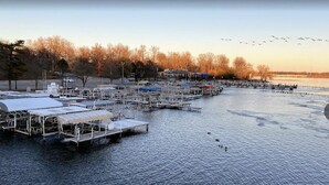 A marina with multiple docks and boats, surrounded by trees and a body of water.