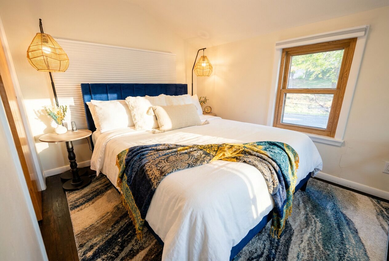 A bedroom with a large bed, two bedside lamps, a window, and a view of the outdoors.