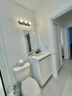 Regadera, secadora de cabello, toallas, jabón 