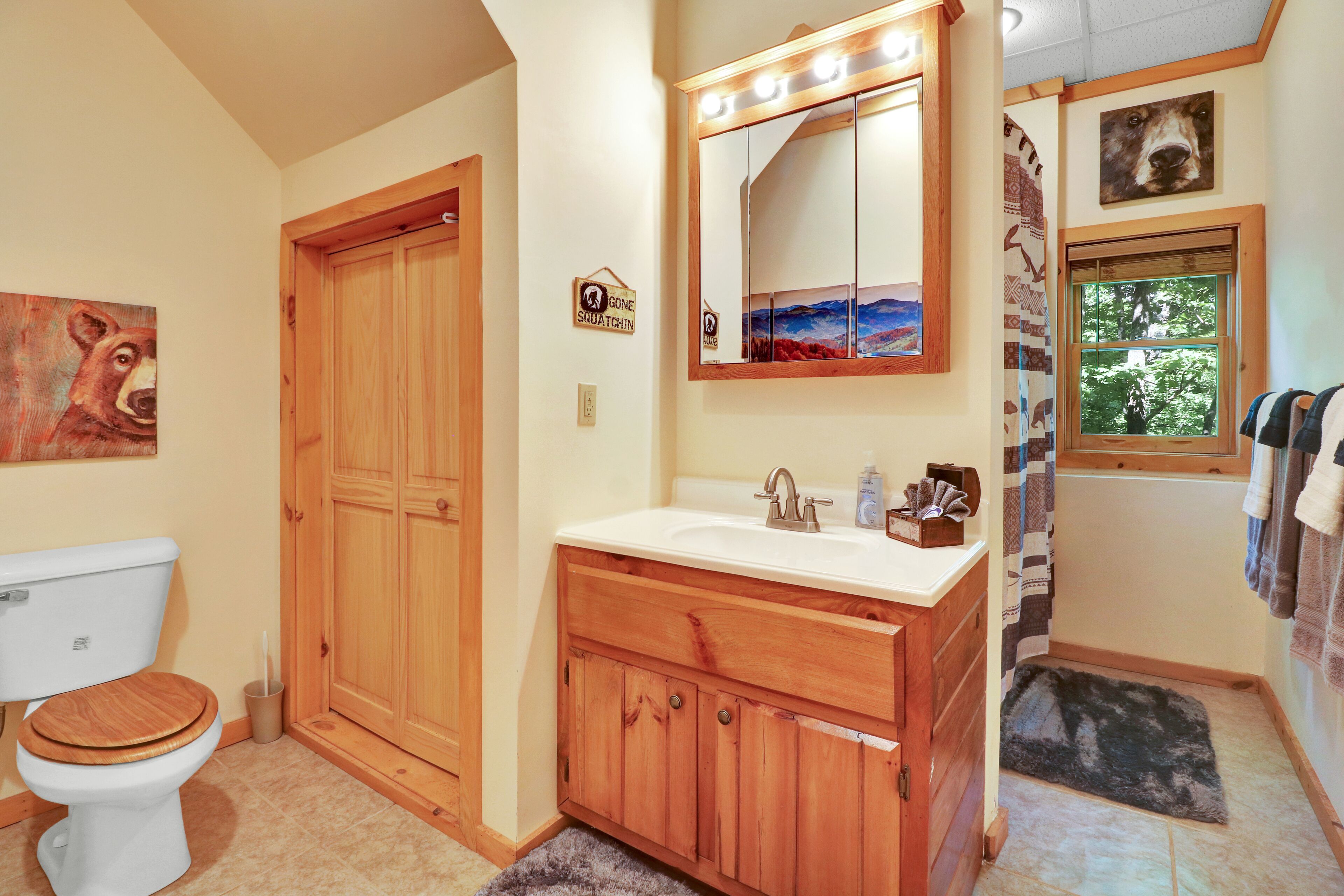 A bathroom with a wooden toilet, a sink with a mirror, and a window with a view of trees.