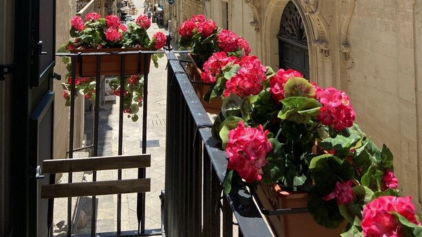 A narrow street with buildings on either side, featuring balconies with flower boxes and wrought iron railings. - DIMORA SANTA CROCE Newly renovated apartment in the historic center of Lecce (Lecce)