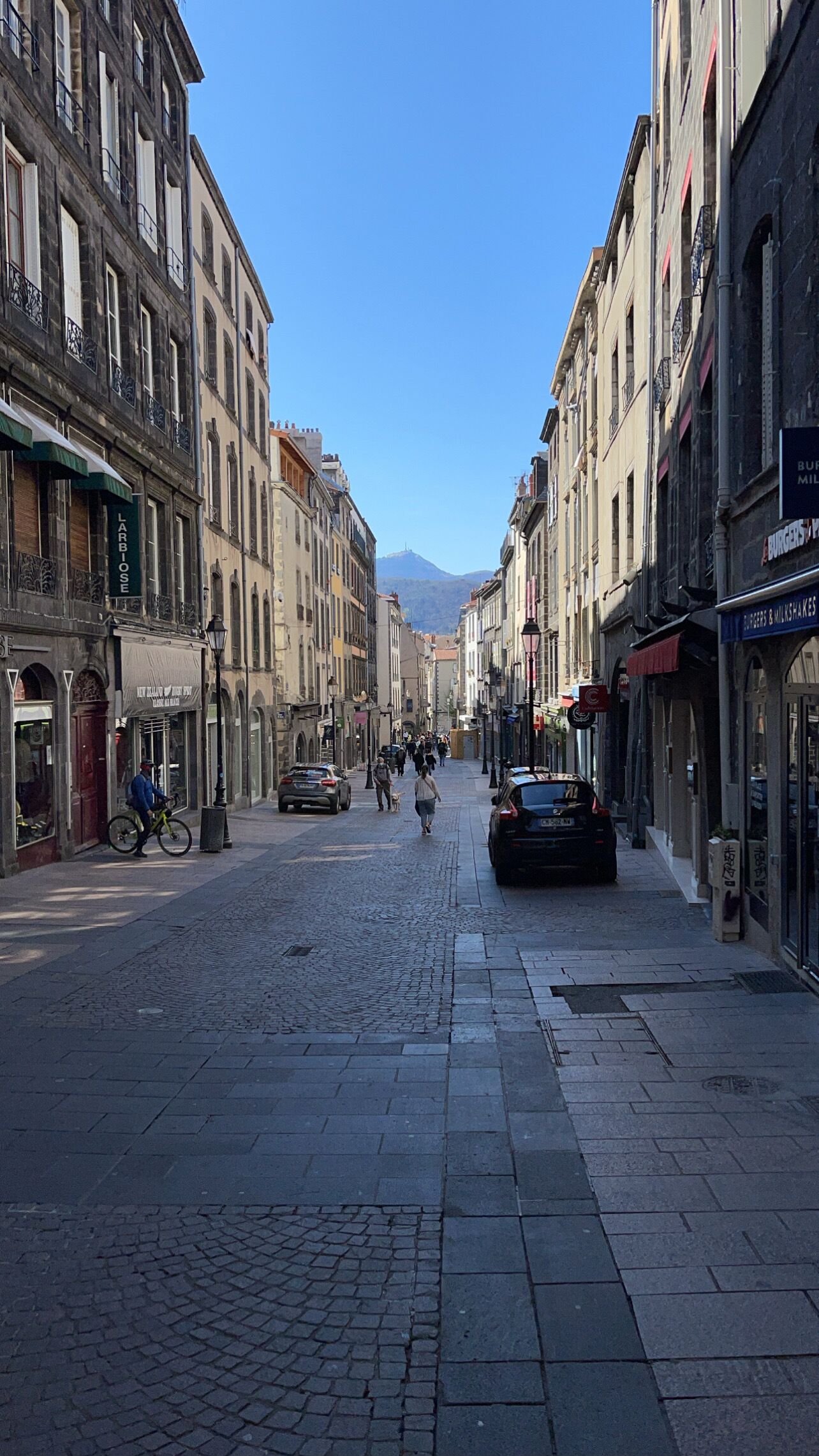 A cobblestone street lined with historic buildings, some with shops and cafes.