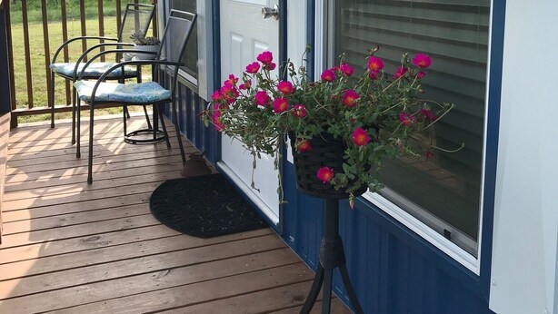 Una terraza de madera con un área cubierta, una puerta y una ventana con una maceta.
