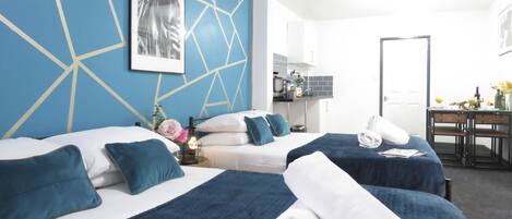 Individually decorated, individually furnished, desk, laptop workspace