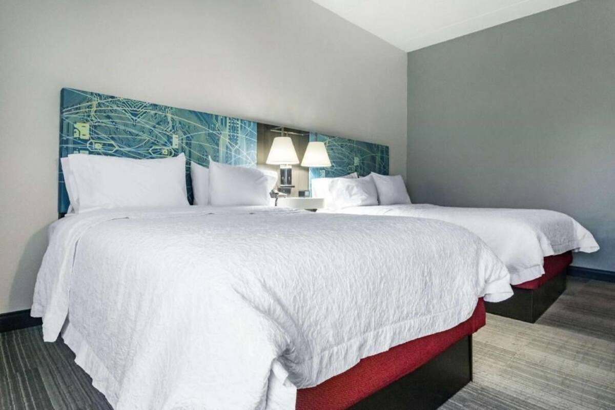 A hotel room with two beds, a headboard with a circuit board design, a nightstand with two lamps, and a carpeted floor.