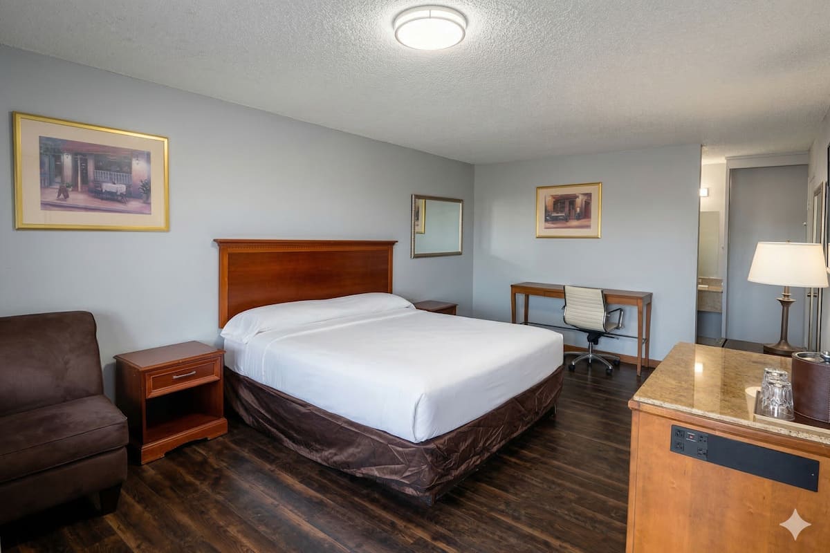 Habitación de hotel con cama, escritorio, silla, mesita de noche, lámpara y espejo.