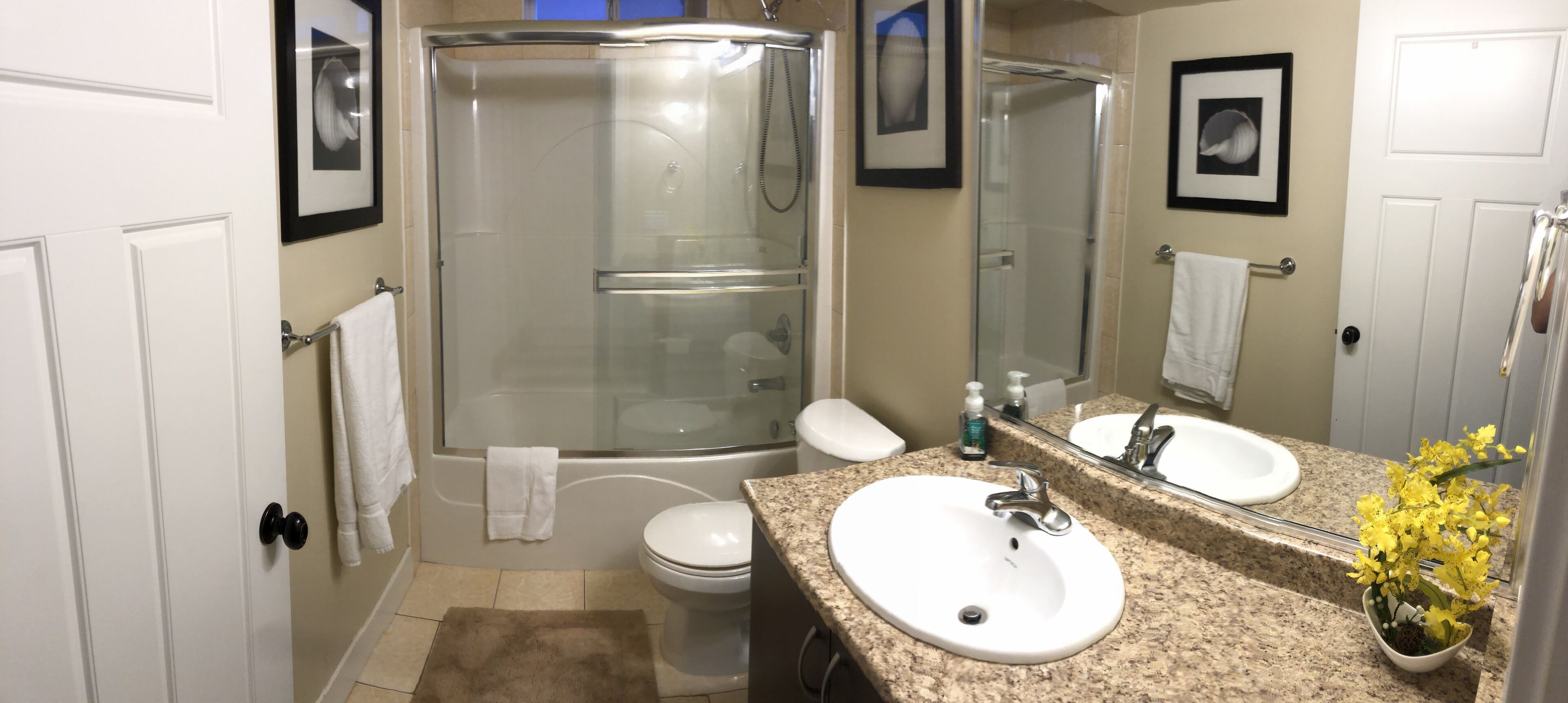 A bathroom with a glass-enclosed shower, a white toilet, and a sink with a granite countertop.