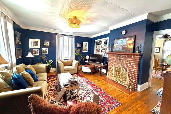 Smart TV, fireplace, books, printers