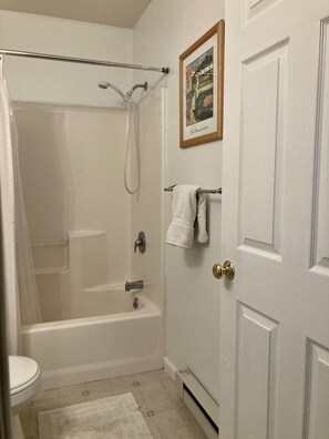 Ensemble baignoire-douche, séchoir à cheveux, serviettes fournies, savon