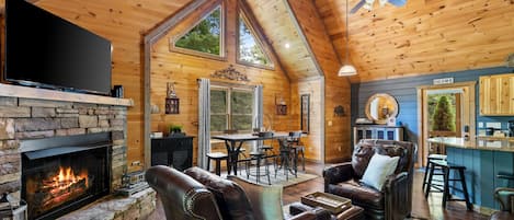 Smart TV, fireplace, video games, DVD player