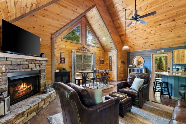 Smart TV, fireplace, video games, DVD player