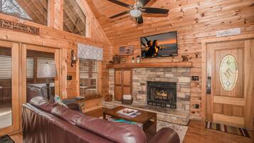 Smart TV, fireplace, DVD player, books