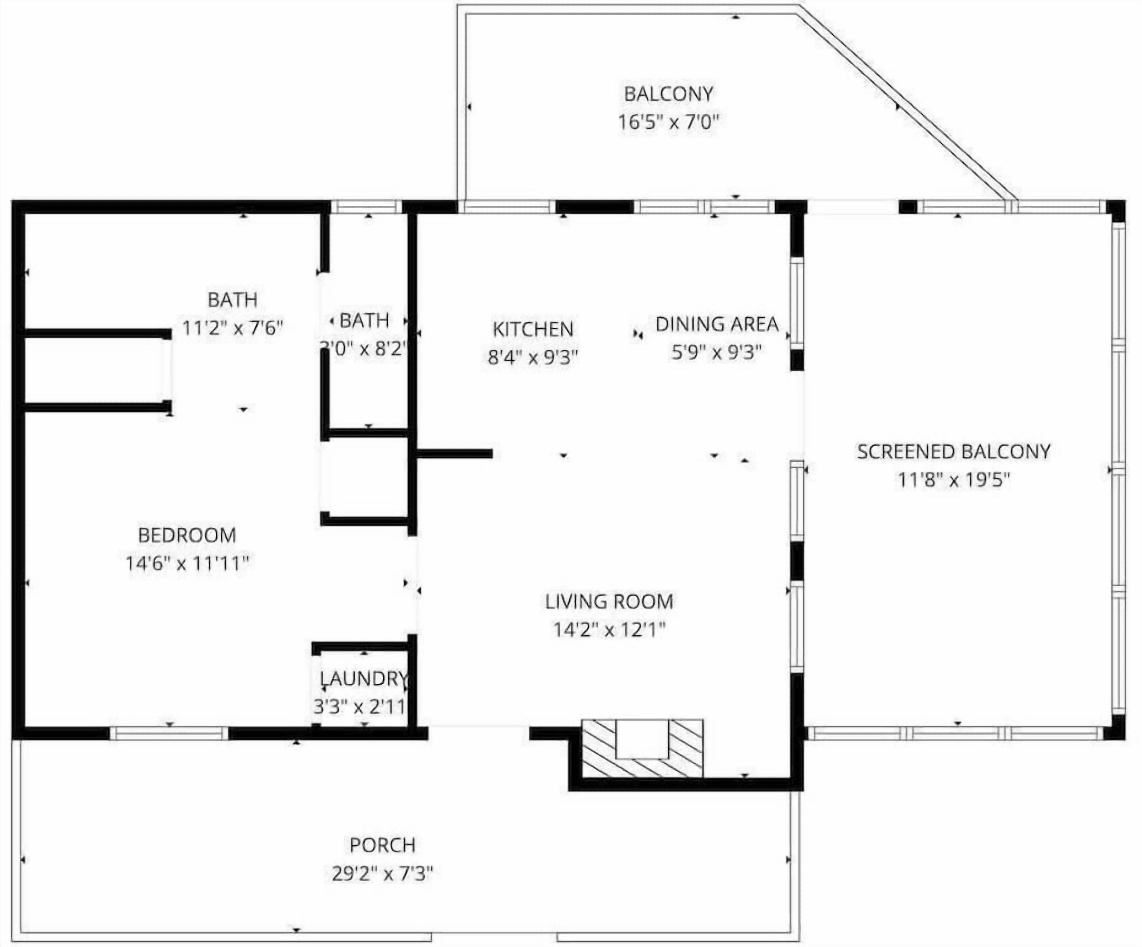 A floor plan with a bedroom, two bathrooms, a kitchen, a dining area, a living room, a balcony, a screened balcony, and a porch.