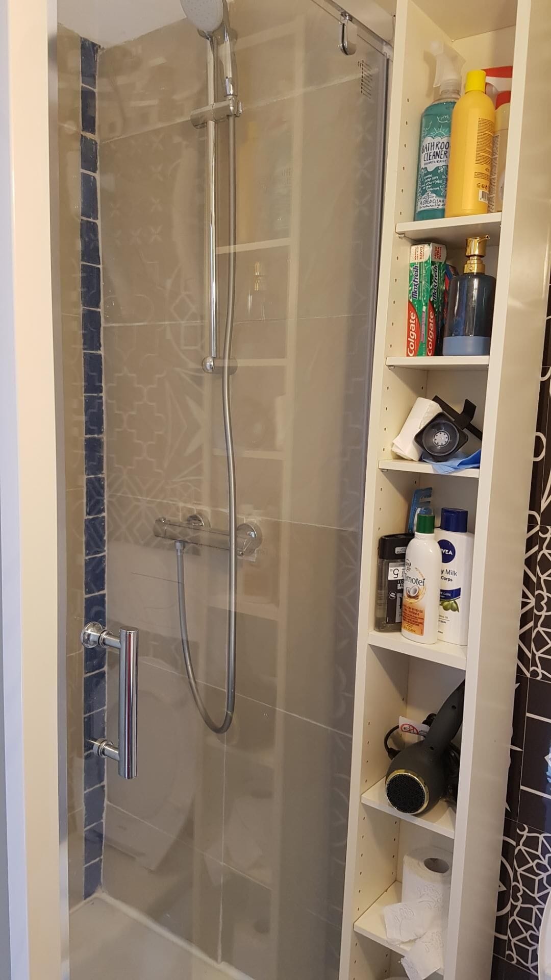 Chuveiro, secador de cabelo, toalhas de banho, sabonete