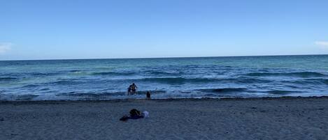 On the beach, sun-loungers, beach towels