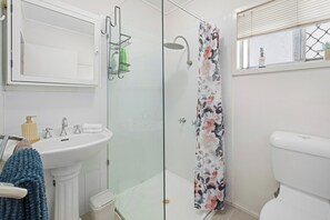 Shower, hair dryer, towels, soap