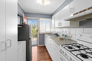 Fridge, microwave, oven, electric kettle