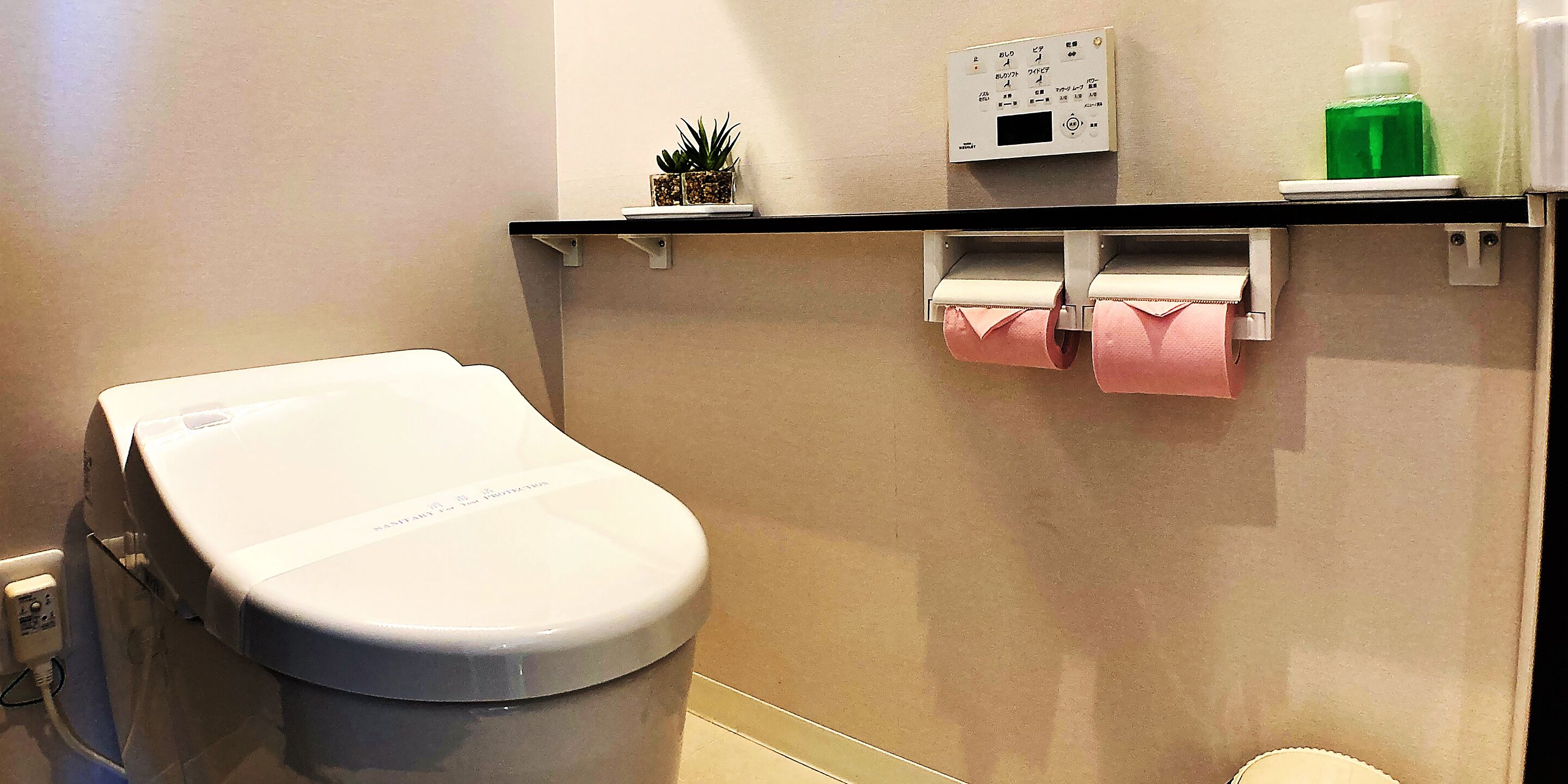 A bathroom with a white toilet, a hand sanitizer dispenser, and a small potted plant on a shelf.