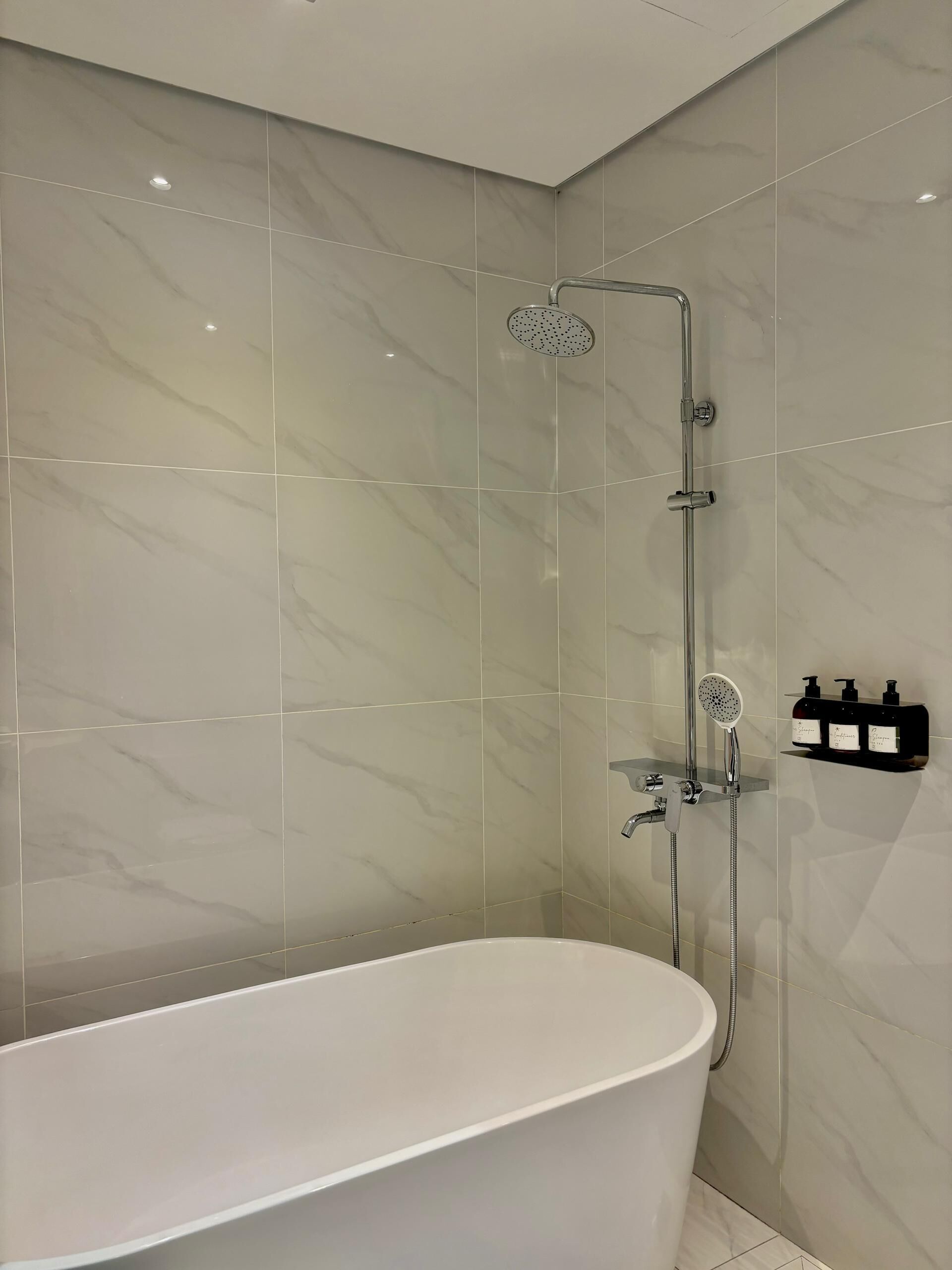 A modern bathroom with a freestanding bathtub, a walk-in shower with a handheld showerhead, and a wall-mounted soap dispenser.