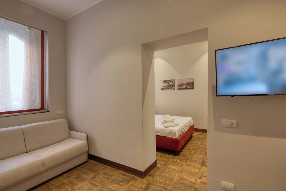 Een kamer met een bank, een bed, een televisie en een raam met gordijnen.