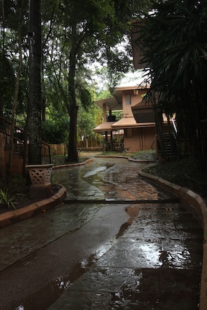 A wet pathway leading to a building with a covered area, surrounded by trees and a fence. - Regenta Jungle Resort Kabini Springs (Heggadadevankote)