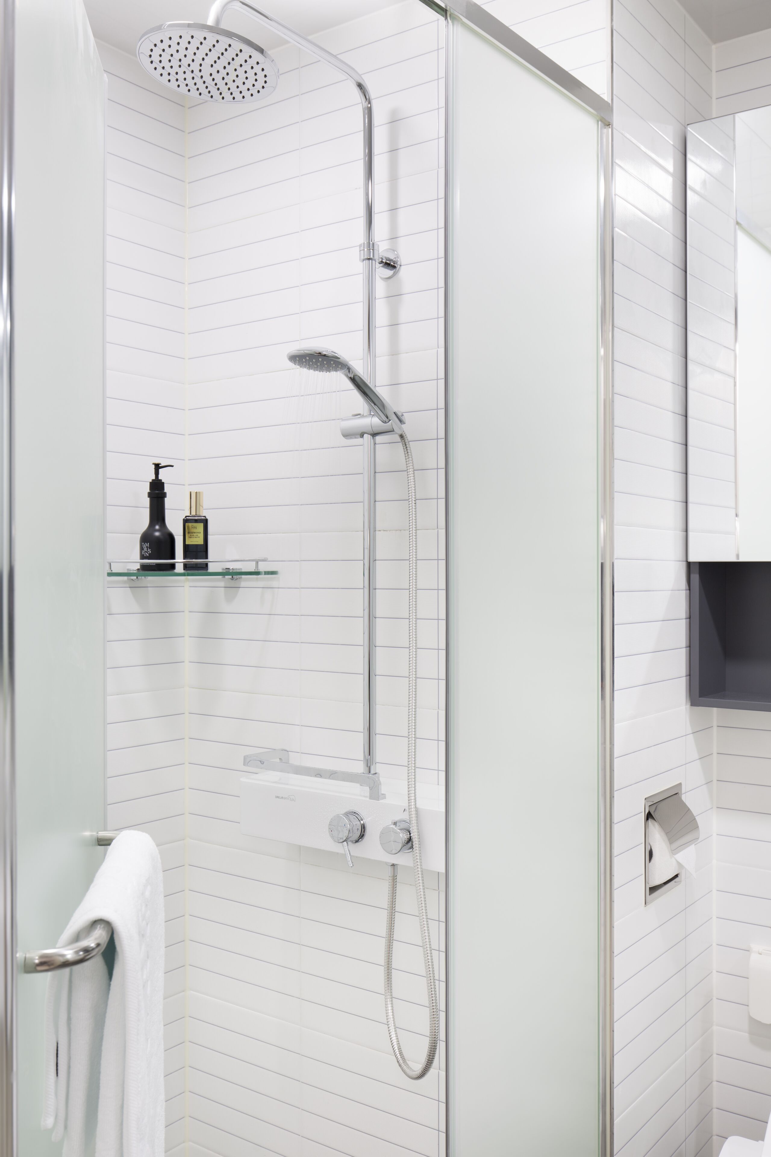 shower, slippers, towels, soap